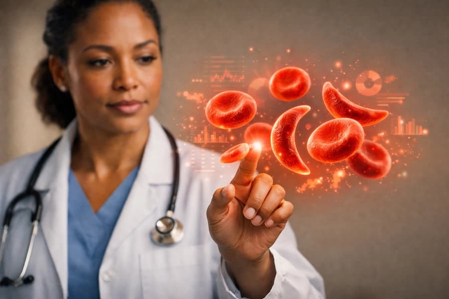 Clinician examining red blood cell deformation for sickle cell disease